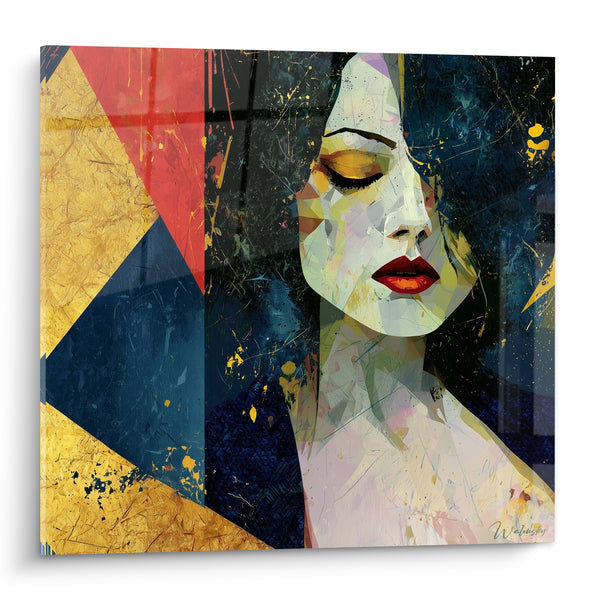 Tableau Visage aux lèvres rouges triangles dorés - Instant suspendu - Edition Visage abstrait