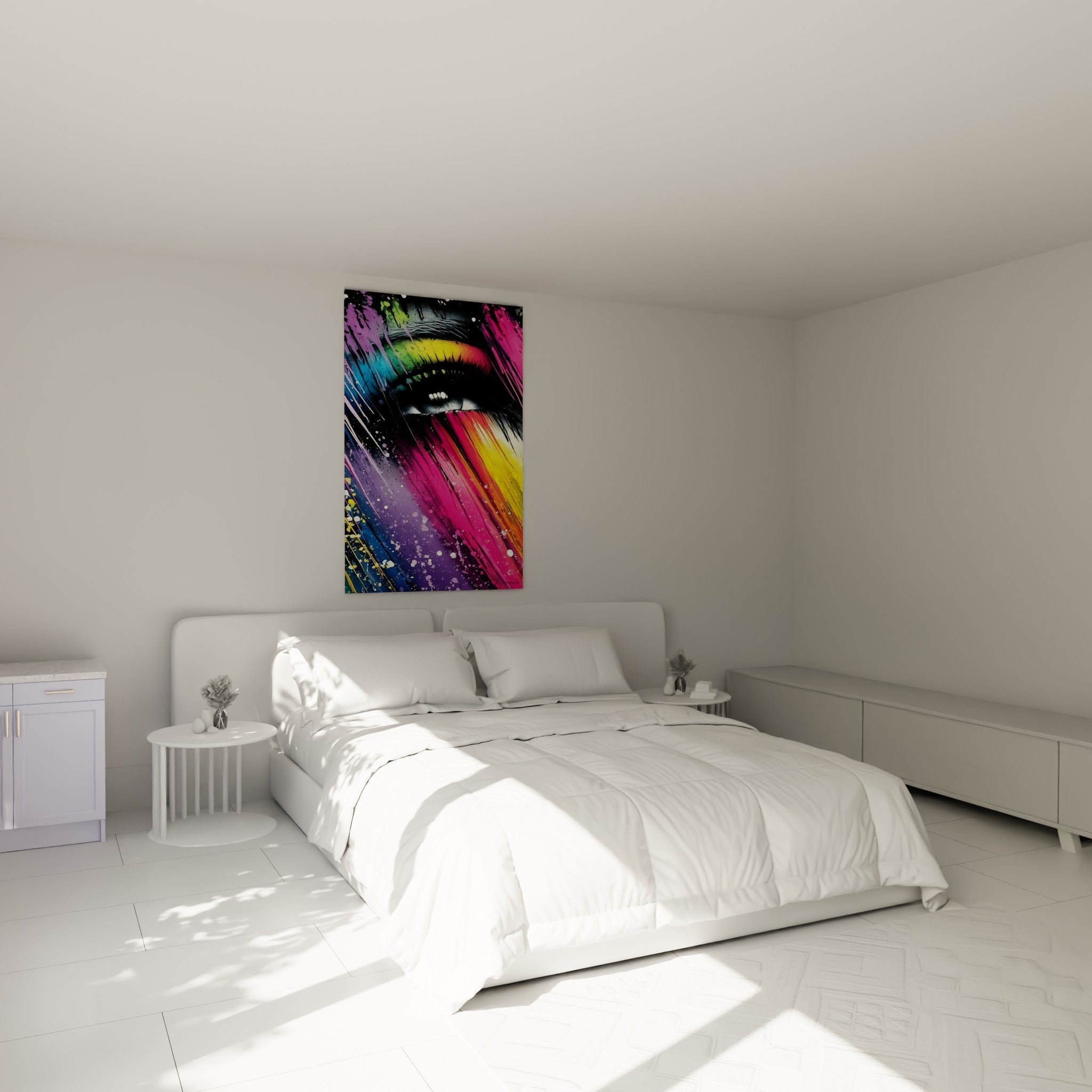 Bouche colorée aux tons violets et bleu marine, visage abstrait au-dessus d'un lit dans une chambre claire