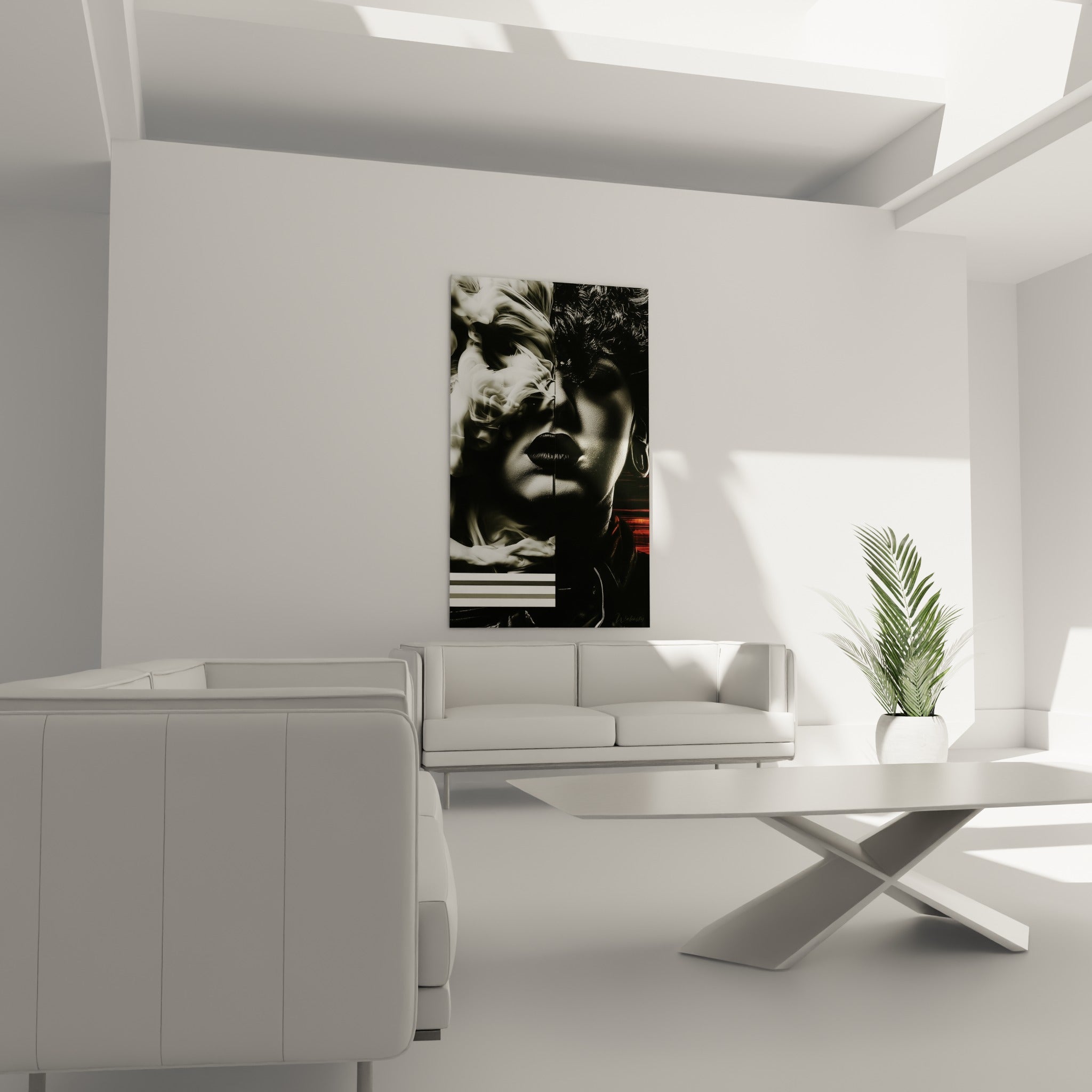 Visage abstrait aux tons gris et blancs traversé d'une ligne rouge au-dessus d'un canapé dans un salon lumineux