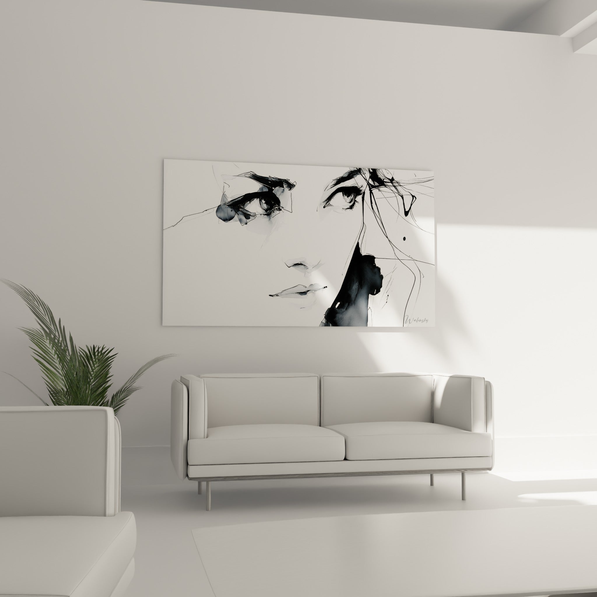 Regard esquissé en noir profond et gris, visage abstrait accroché au-dessus d'un canapé dans un salon lumineux