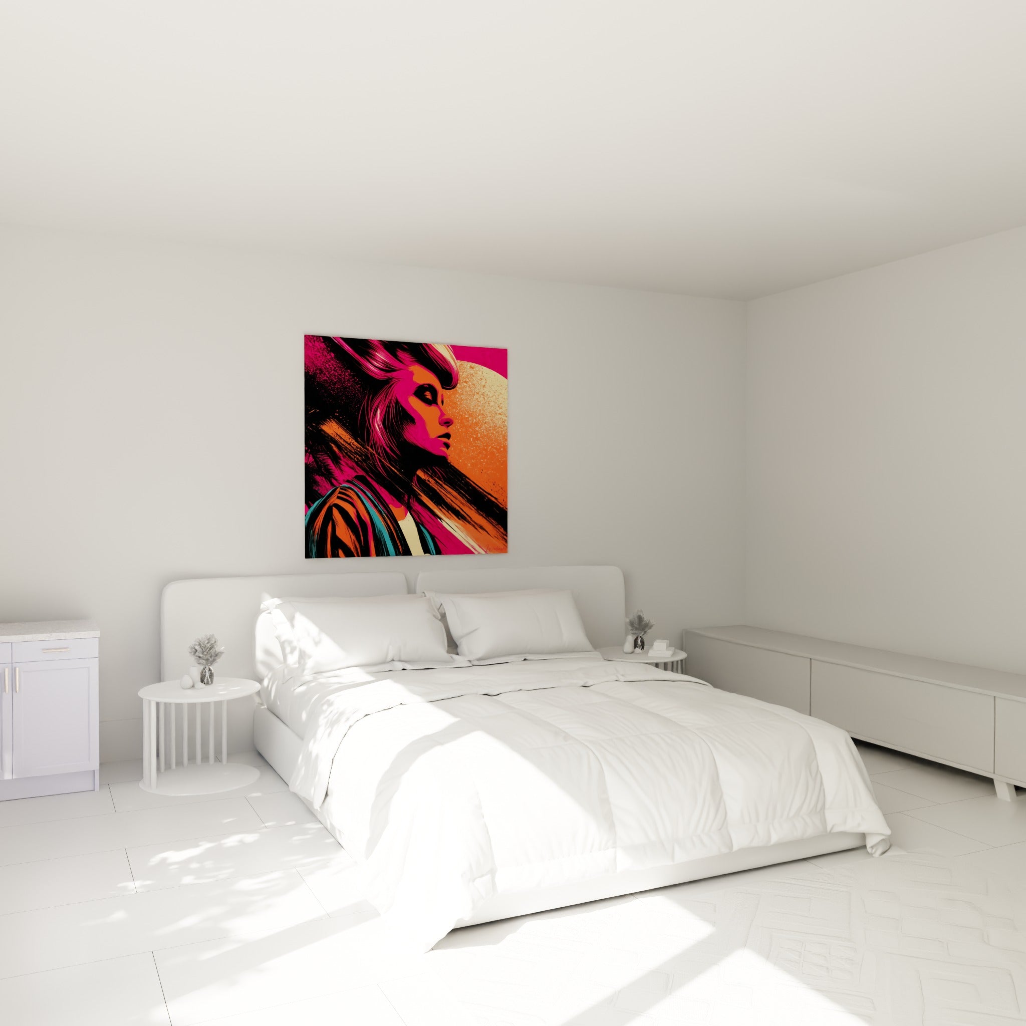 Silhouette au profil orange et rose du visage abstrait accrochée au-dessus d'un lit dans une chambre claire