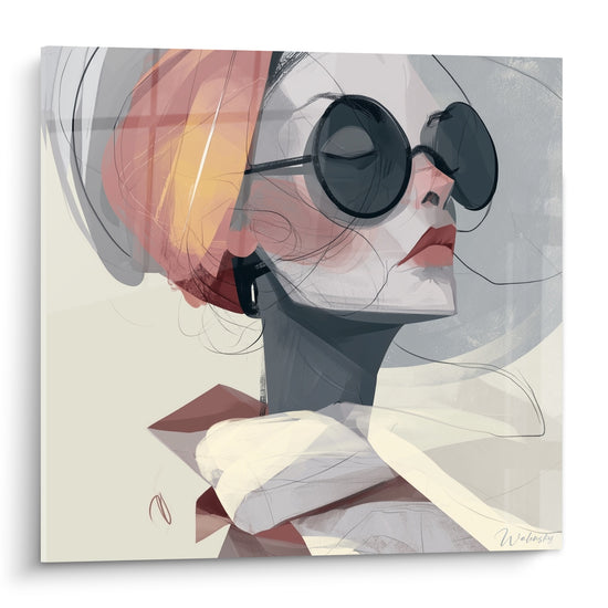 Visage abstrait de profil aux lunettes noires rondes, cheveux corail et doré, fond gris perle