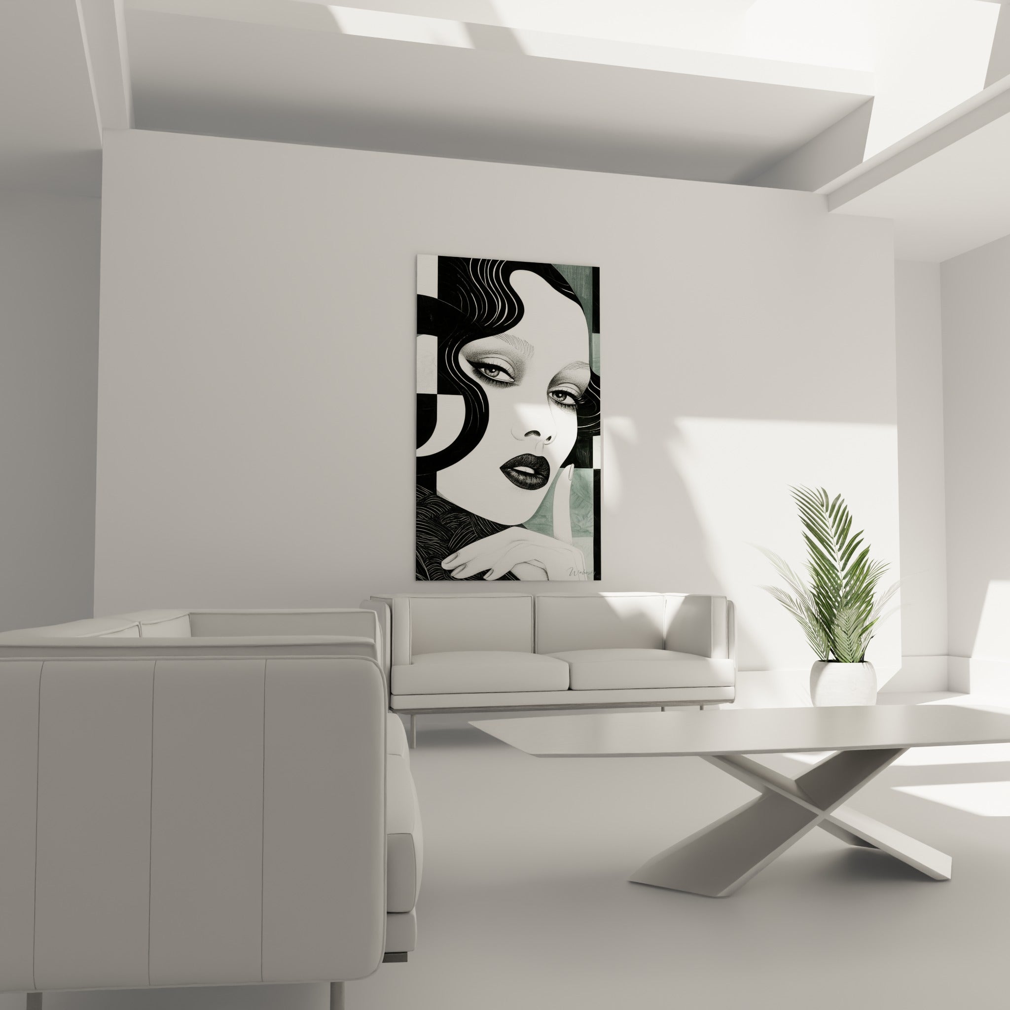 Main aux ongles blancs effleurant le menton, visage abstrait noir et blanc au-dessus d'un canapé dans un salon lumineux