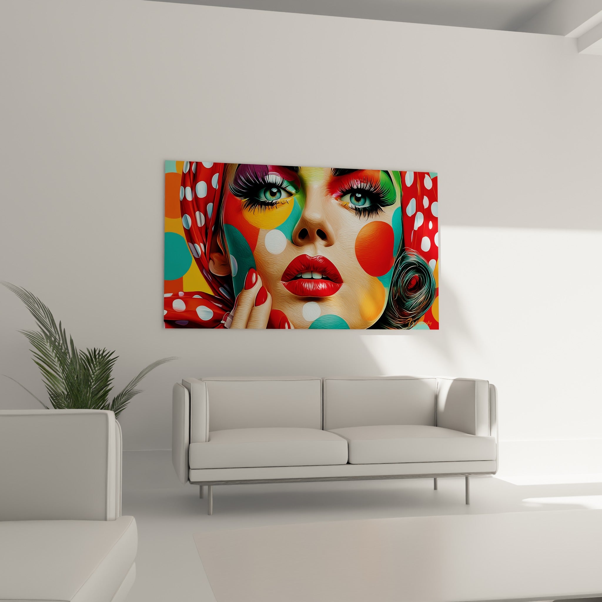 Regard bleu perçant sur fond de pois rouges et orangés, au-dessus d'un canapé dans un salon lumineux