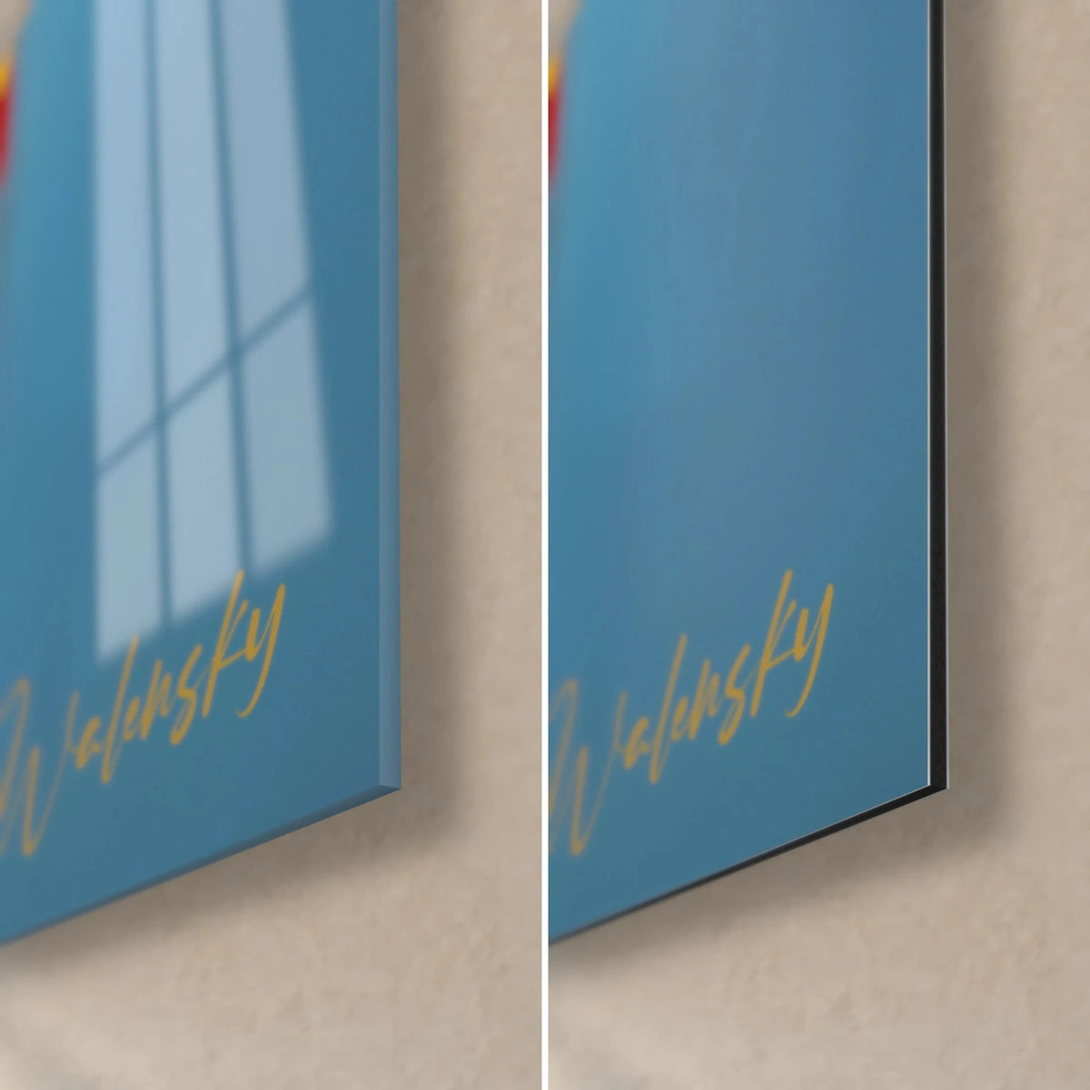 Wall art of a cubist face in red and blue, bottom right corner: glossy acrylic glass on the left, matt Dibond aluminium and 3 mm edge