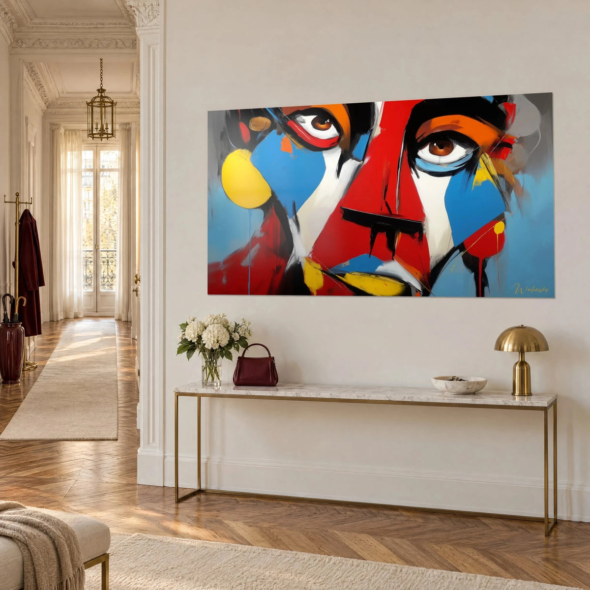 Wall art of an abstract face in flat red, blue and yellow blocks, hung above a gold three-quarter console table