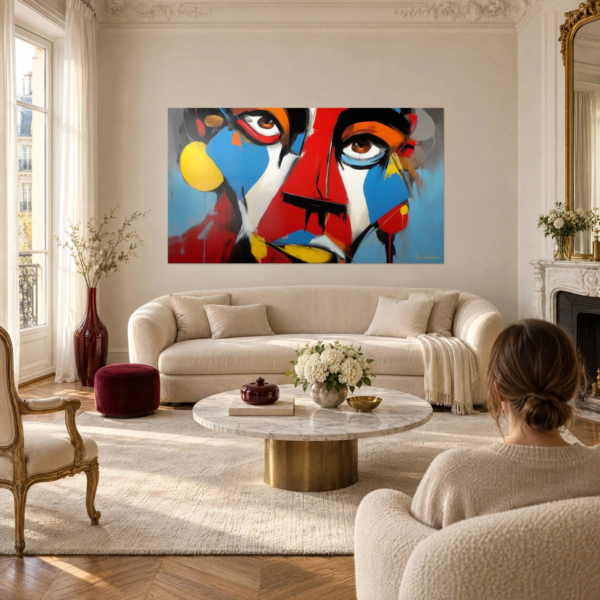 Wall art of an African mask with brown eyes, red nose and blue cheek, above a sofa in a bright living room