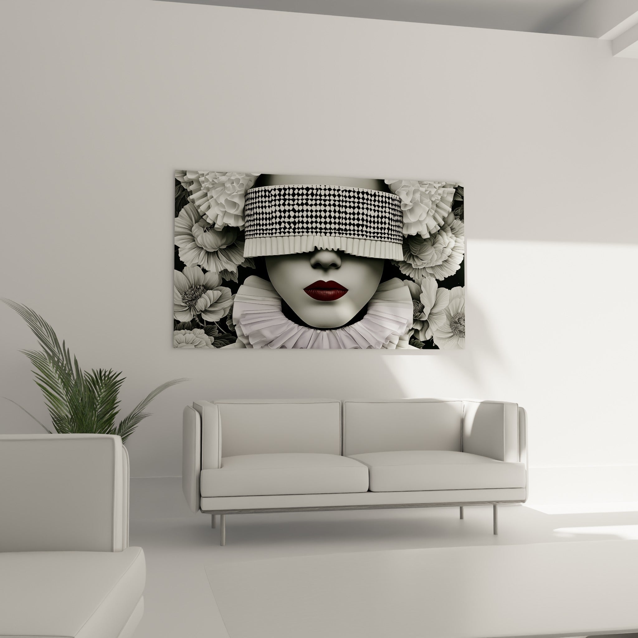Femme au bandeau graphique noir et blanc, bouche rouge bordeaux, au-dessus d'un canapé dans un salon lumineux