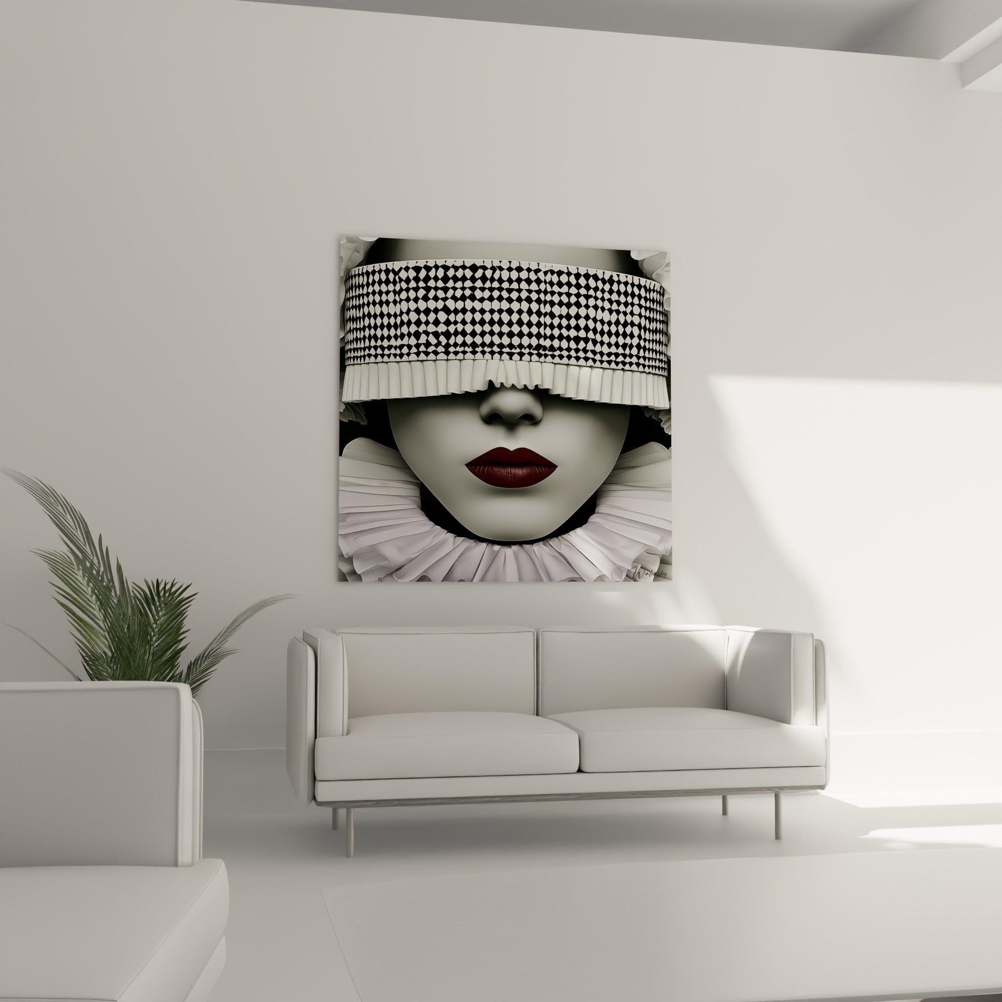 Collerette plissée blanche et lèvres bordeaux intenses de ce visage abstrait, au-dessus d'un canapé dans un salon lumineux