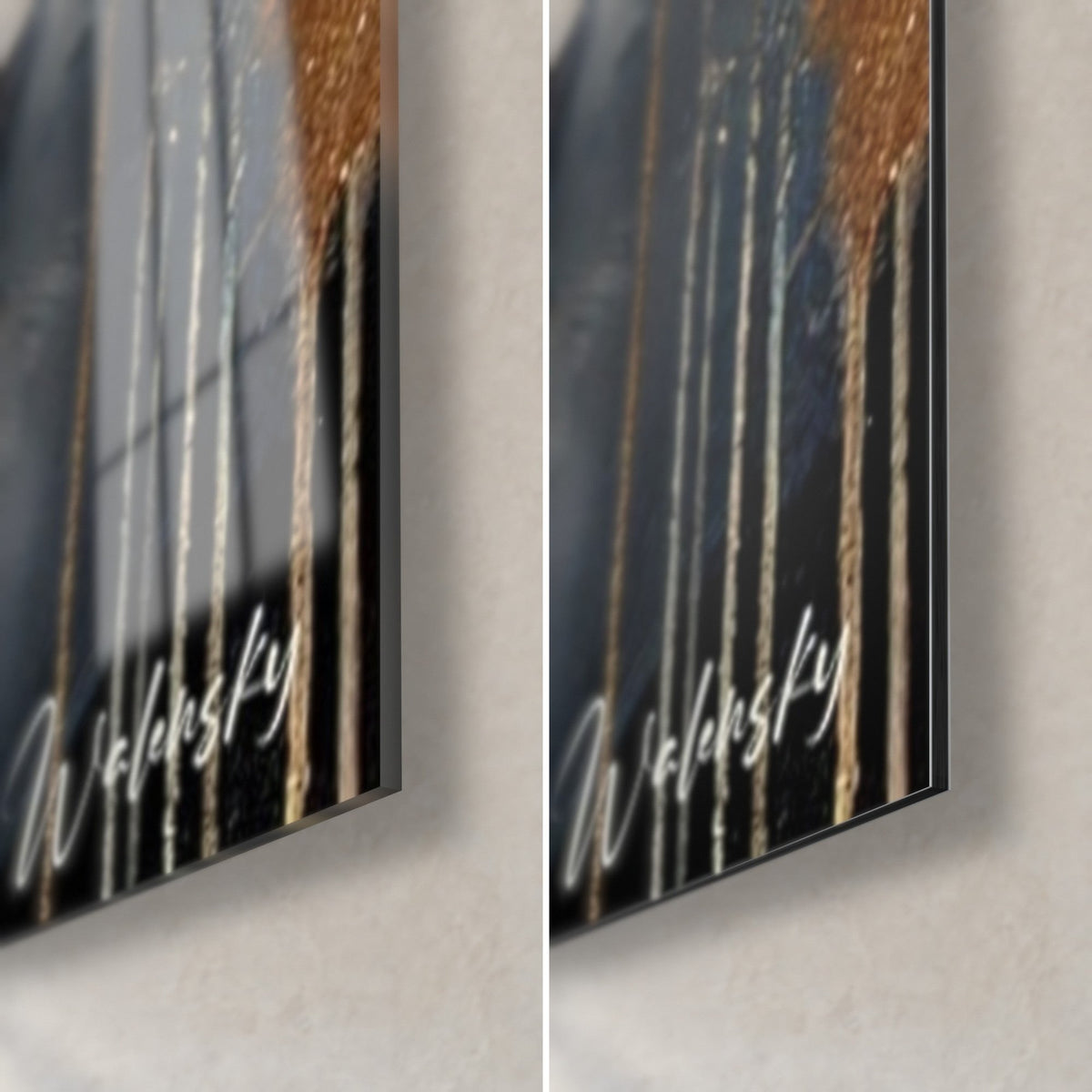 Gemälde eines abstrakten Gesichts mit goldenen Laufspuren, untere rechte Ecke aus glänzendem Acrylglas und mattem beigem Dibond, 3 mm Kante