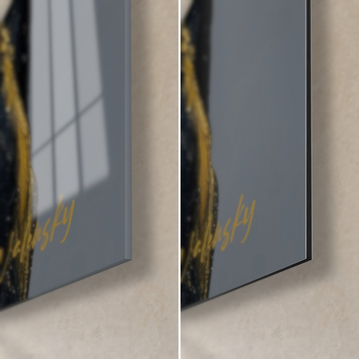Gemälde Gesicht mit weißem und goldenem Turban, untere rechte Ecke: glänzendes Acrylglas links, mattgraues Dibond-Aluminium rechts, 3 mm Kante