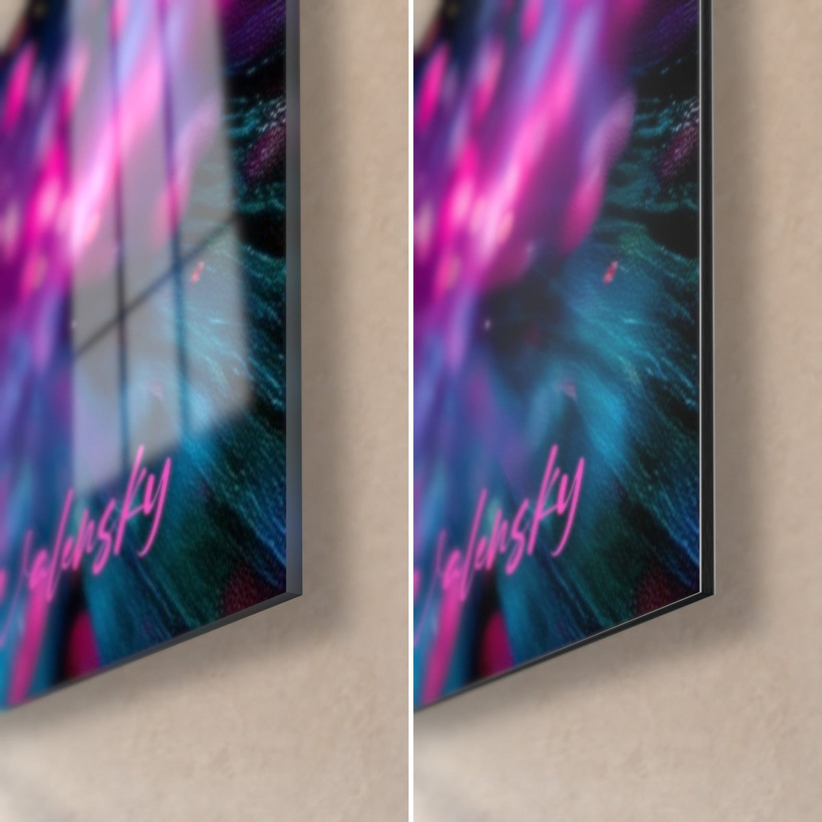 Wall art Turquoise gaze splashed with pink and orange powder, bottom right corner: glossy acrylic glass on the left, matte Dibond on the right