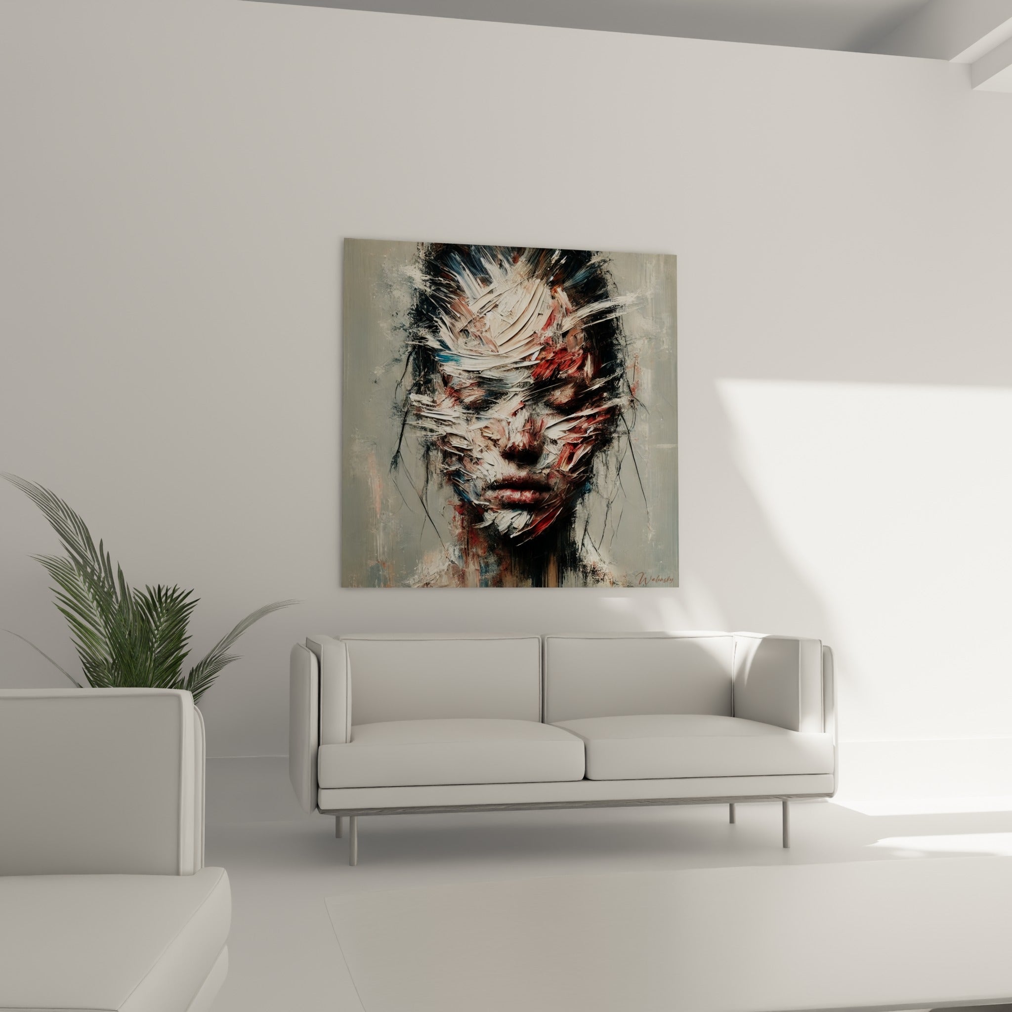 Traits dissimulés sous la matière rouge et blanche du visage abstrait au-dessus d'un canapé dans un salon lumineux