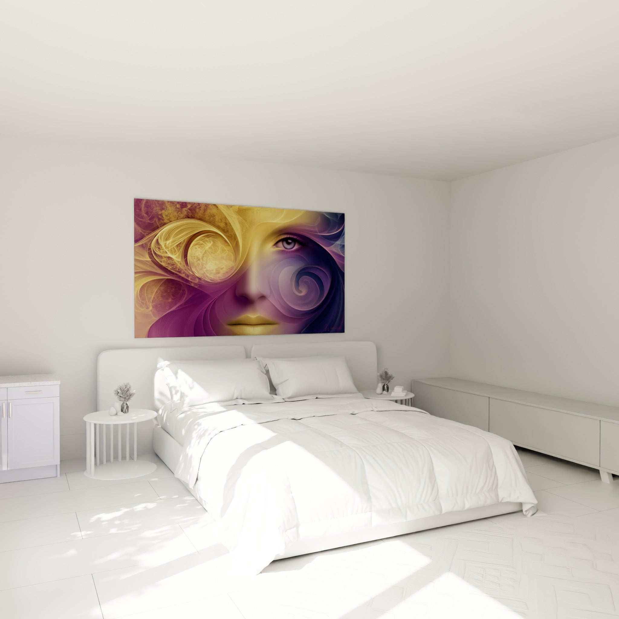 Portrait abstrait doré et mauve profond, accroché au-dessus d'un lit dans une chambre claire