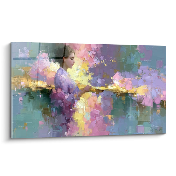 Tableau Profil féminin mauve et rose aux reflets dorés - Silhouette au bord de l'eau - Edition Visage abstrait