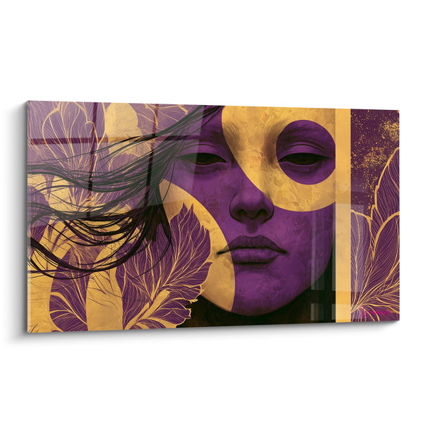 Tableau Visage mauve aux motifs floraux dorés - Mystère voilé - Edition Visage abstrait
