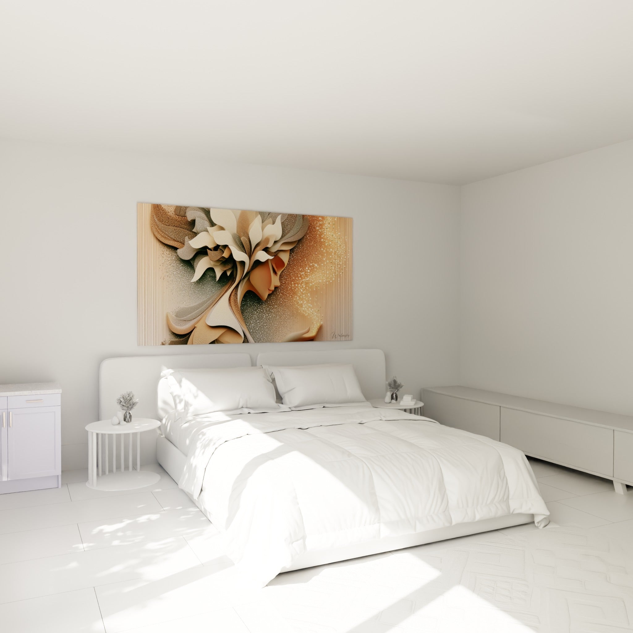 Portrait stylisé aux tons beige et gris accroché au-dessus d'un lit dans une chambre claire