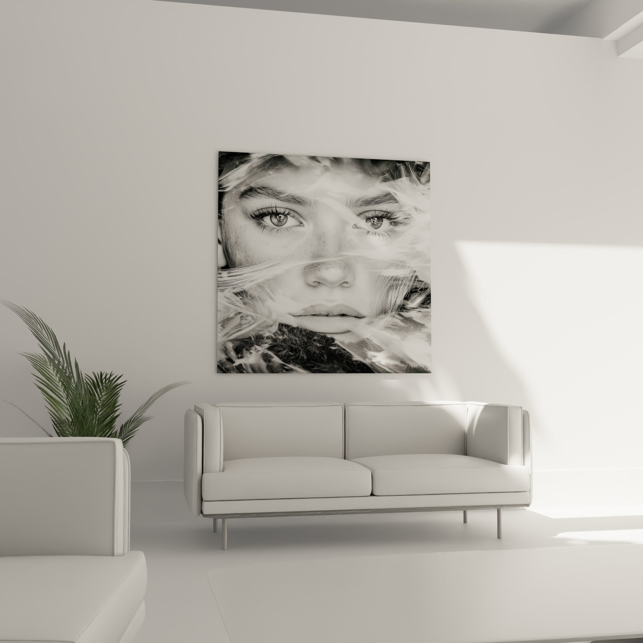 Portrait intense en gris et blanc traversé de filaments vaporeux, au-dessus d'un canapé dans un salon lumineux
