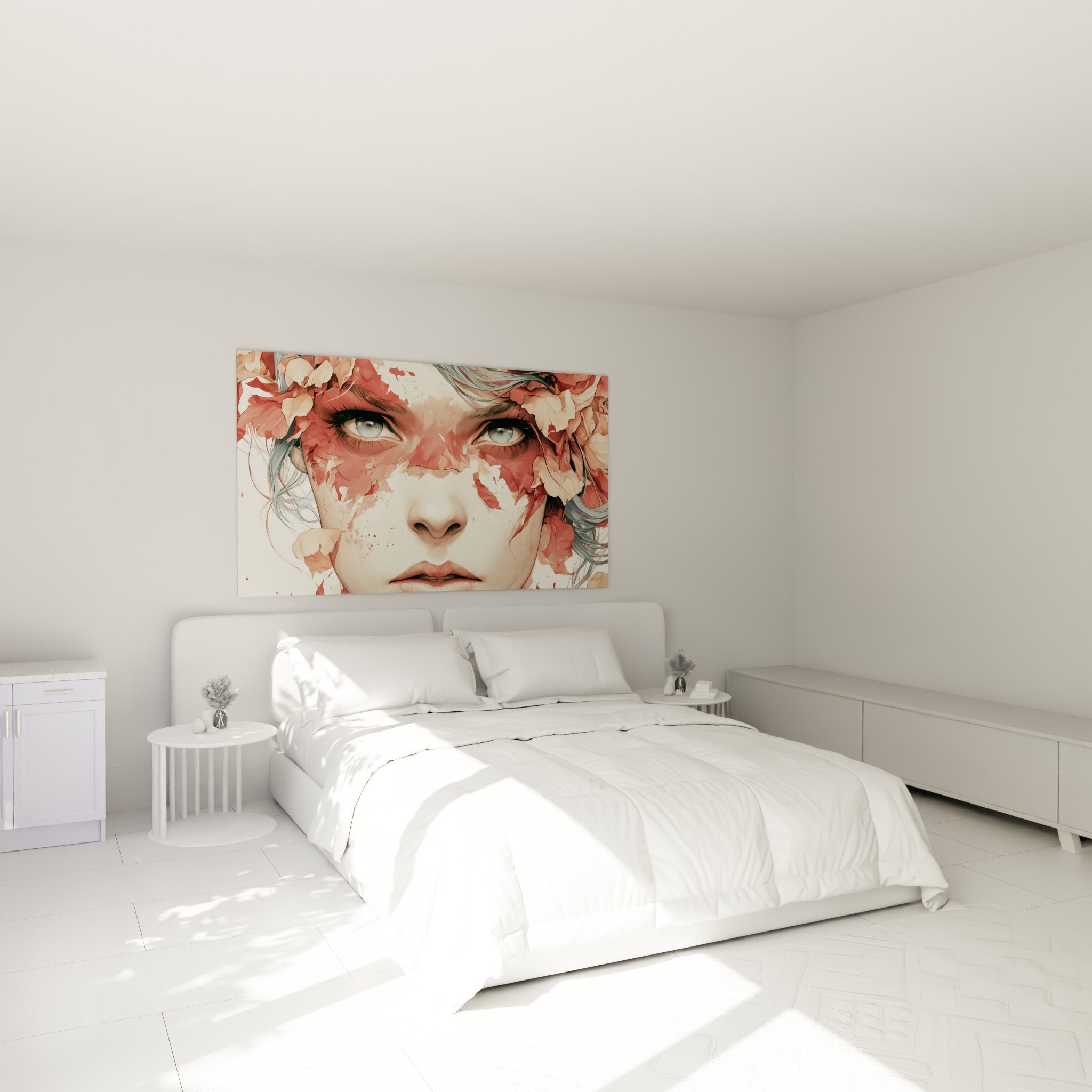 Portrait fleuri rose et terracotta aux mèches bleu-gris accroché au-dessus d'un lit dans une chambre claire