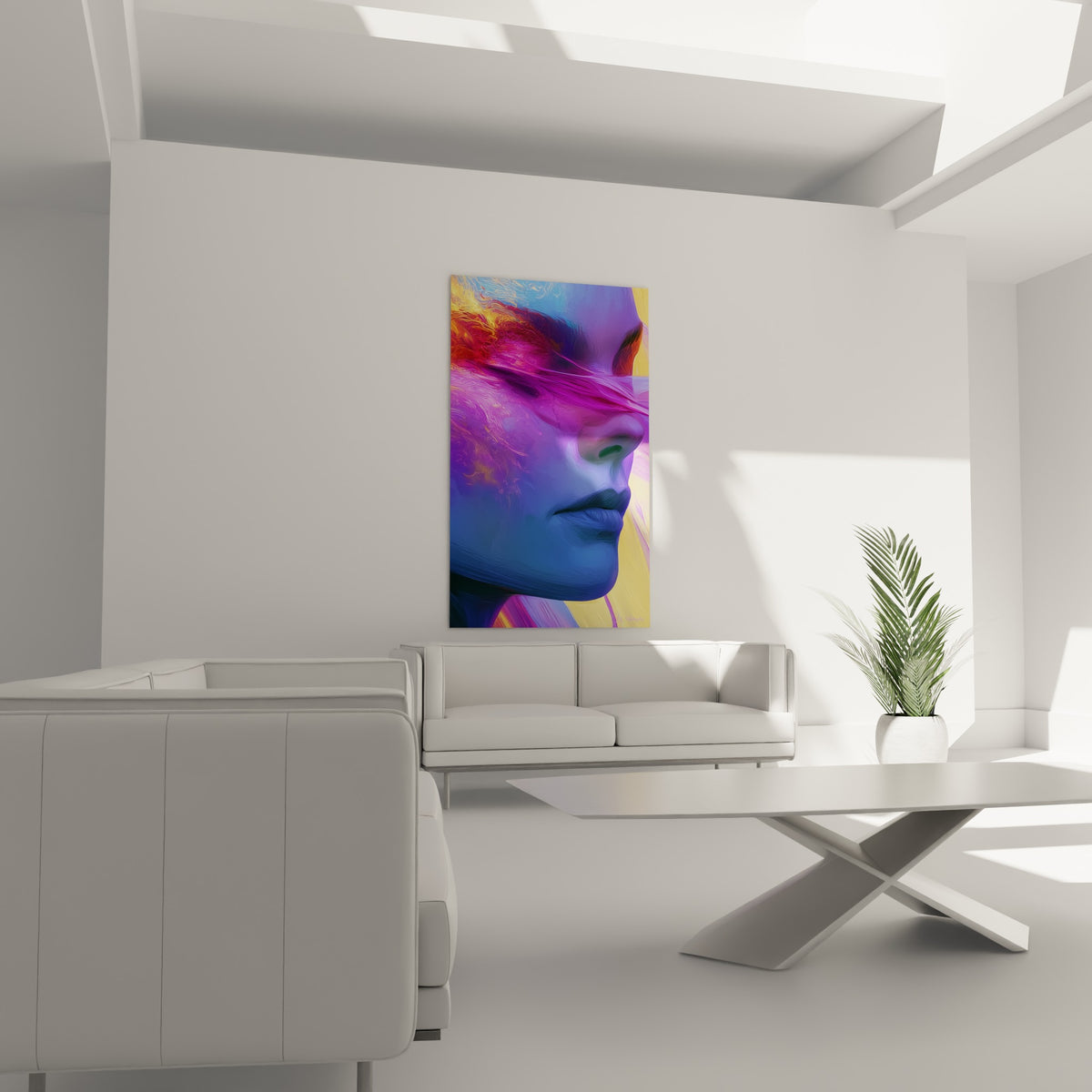 Visage abstrait bleu profond au bandeau rose vif suspendu au-dessus d'un canapé dans un salon lumineux