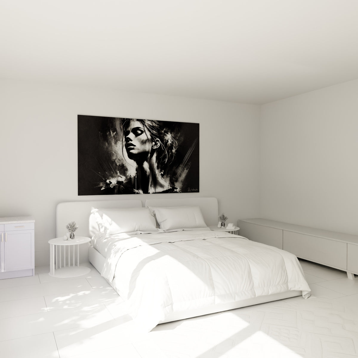 Portrait abstrait noir et blanc aux mèches vaporeuses accroché au-dessus d'un lit dans une chambre claire