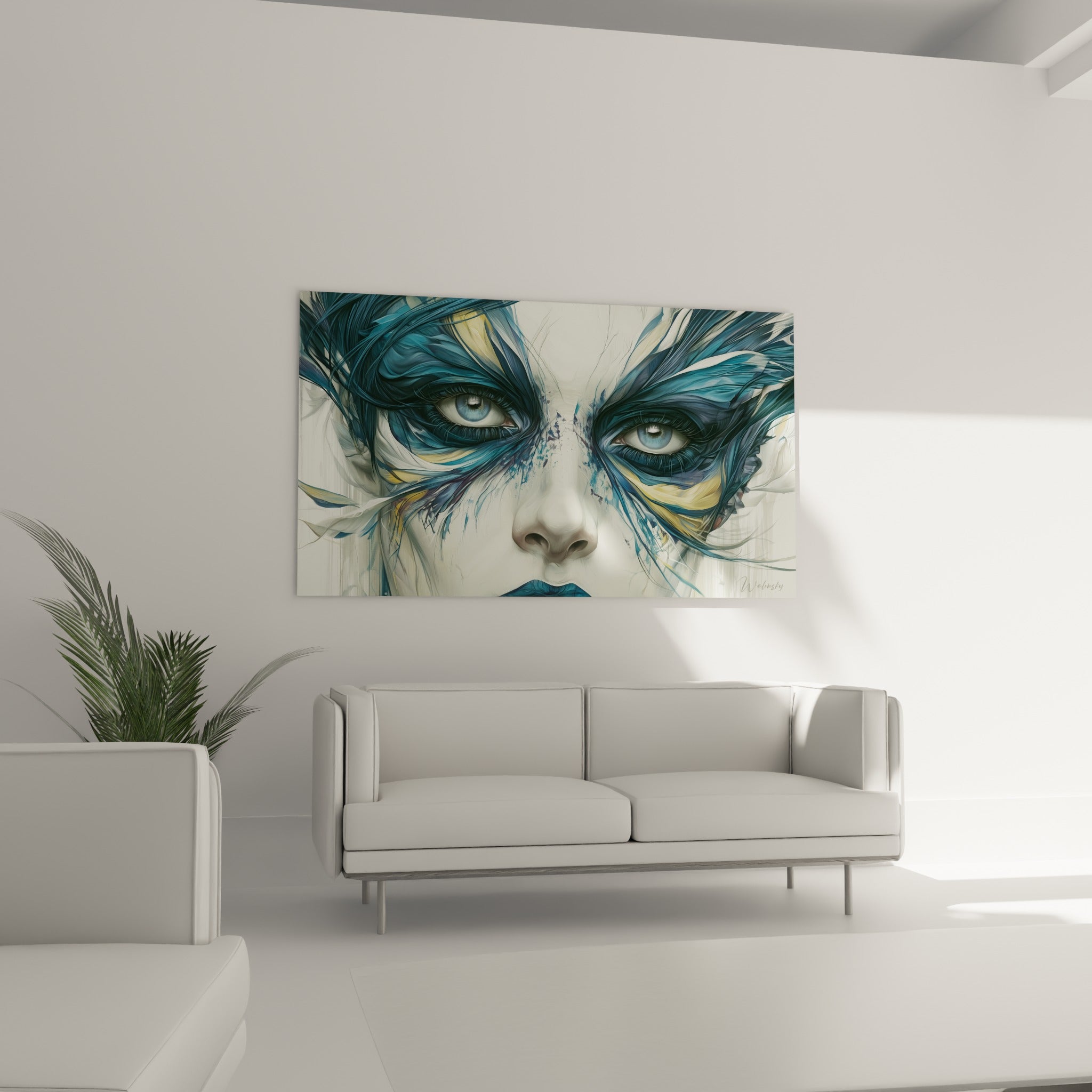 Visage aux mèches bleu marine et ocre du tableau abstrait, au-dessus d'un canapé dans un salon lumineux