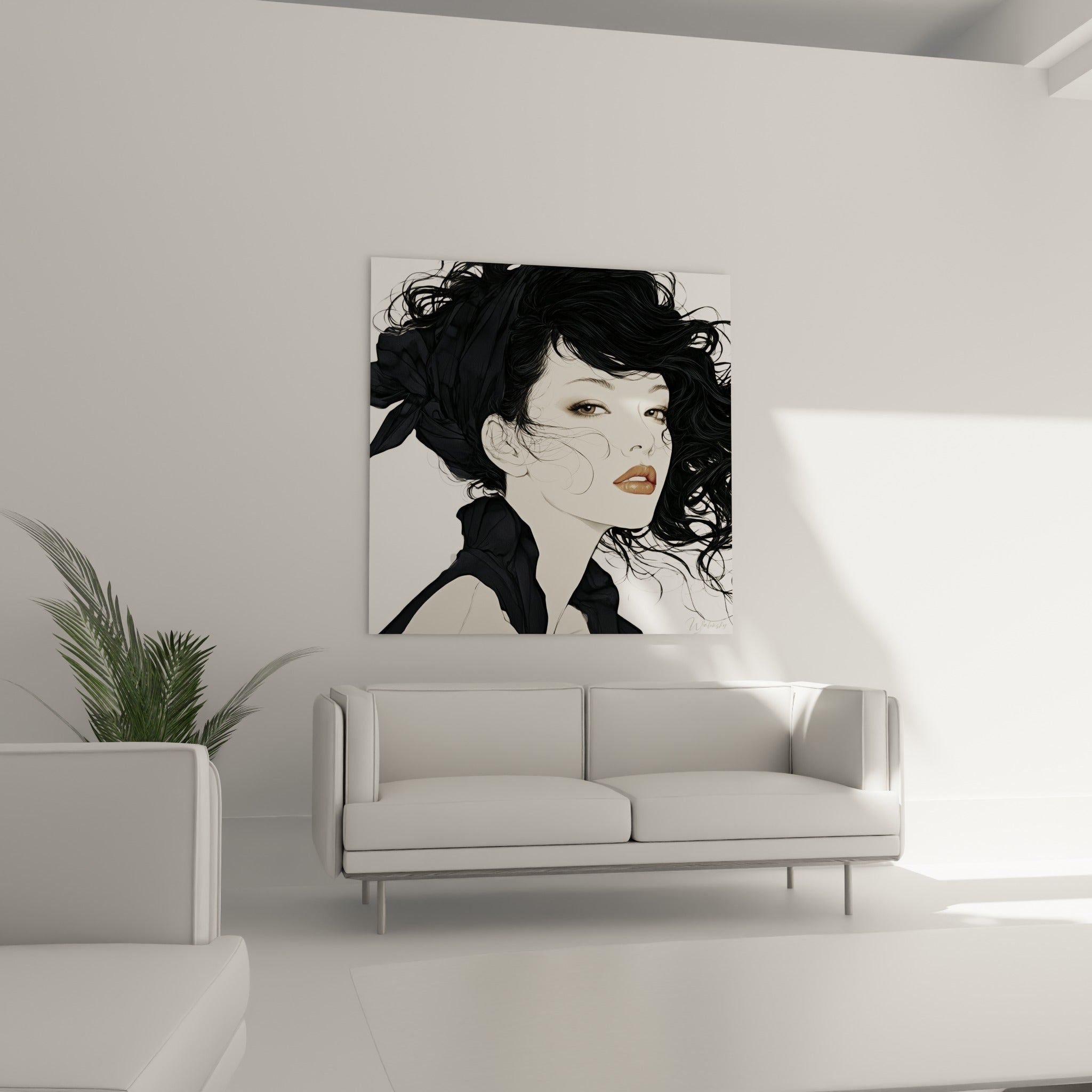 Visage abstrait aux mèches noires ondulées et lèvres terracotta au-dessus d'un canapé dans un salon lumineux