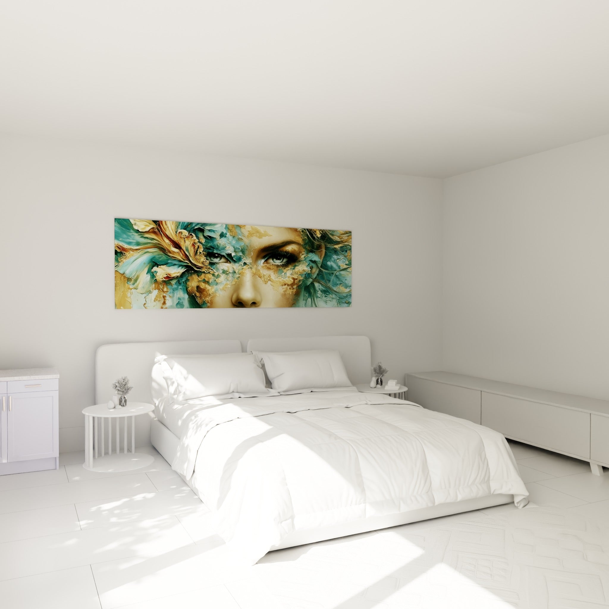 Regard perçant émergeant d'un voile doré et turquoise, au-dessus d'un lit dans une chambre claire