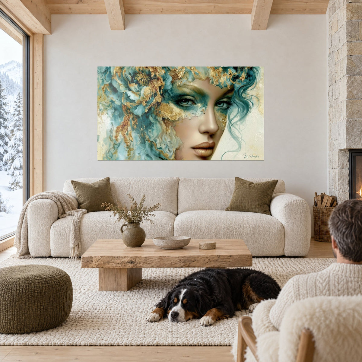 Wall art portrait of a woman with turquoise hair and gold leaf, admired by a man seen from behind and a dog, above a sofa in a bright living room