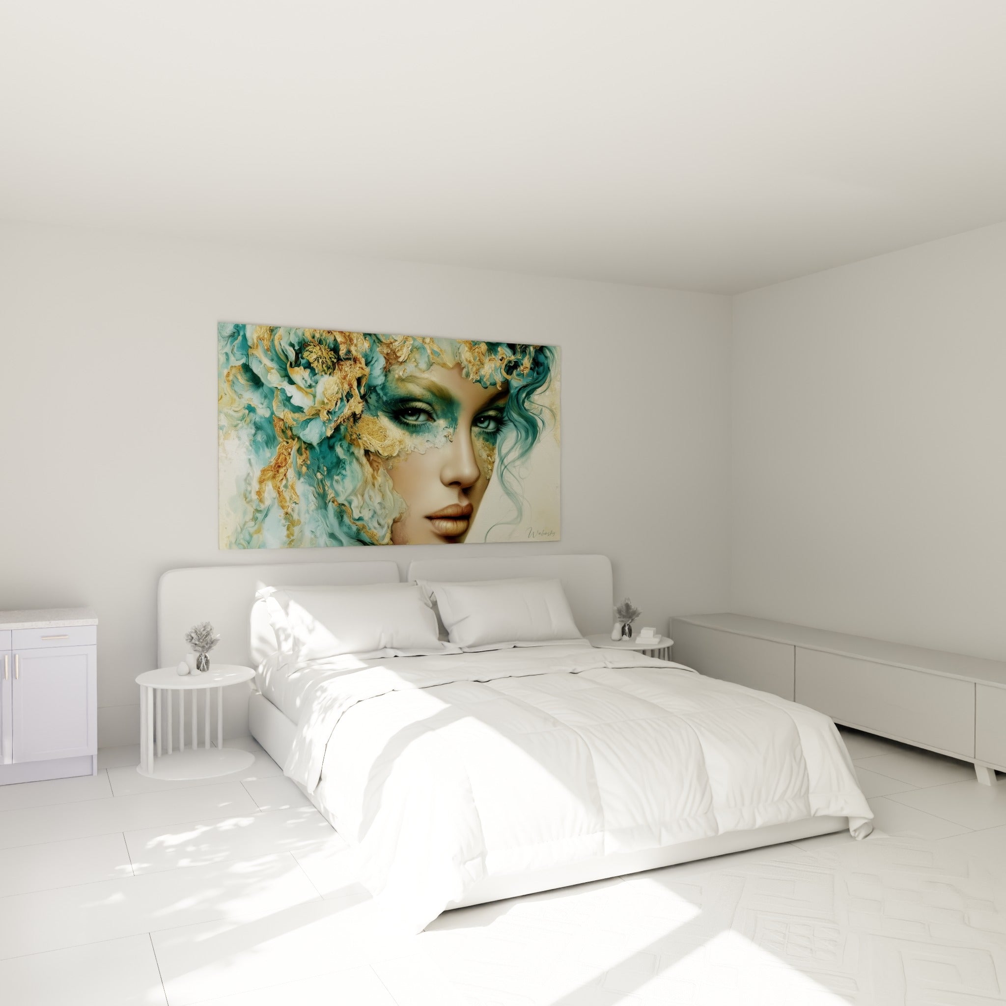 Regard vert perçant émergeant d'un fond turquoise et doré, au-dessus d'un lit dans une chambre claire.