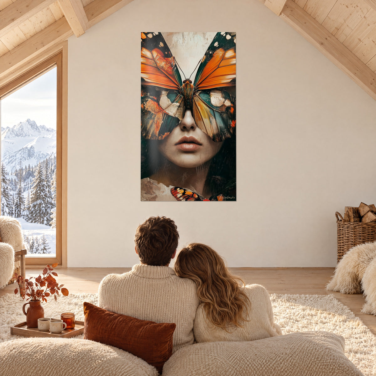 Gemälde Monarchfalterflügel in Orange und Blaugrün auf einem blassen Gesicht, ein Paar von hinten eng umschlungen auf einem Sofa, Berghütte