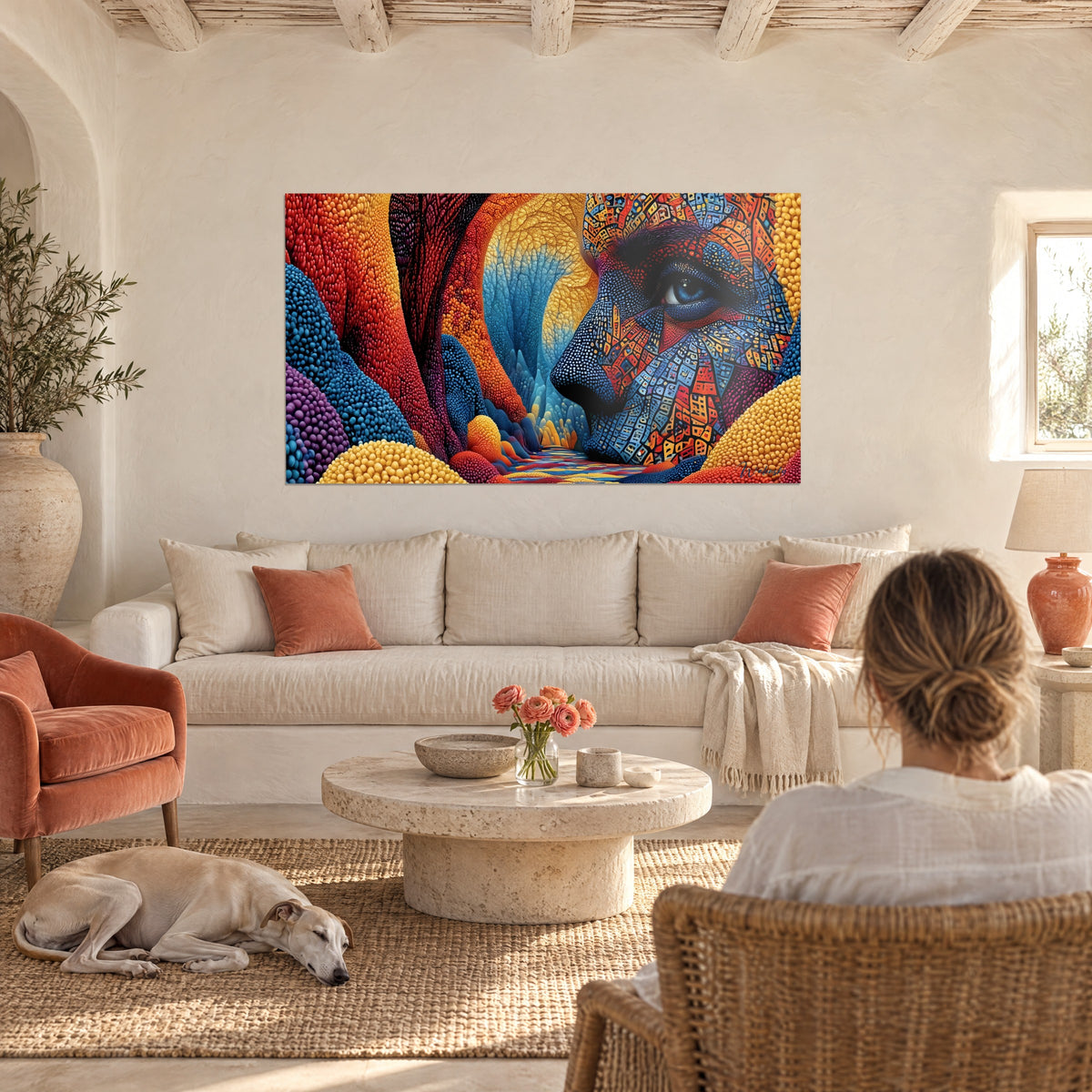 Quadro volto a mosaico di profilo, occhio azzurro e pelle in ocra e rosso, su parete bianca sopra un divano in un soggiorno luminoso