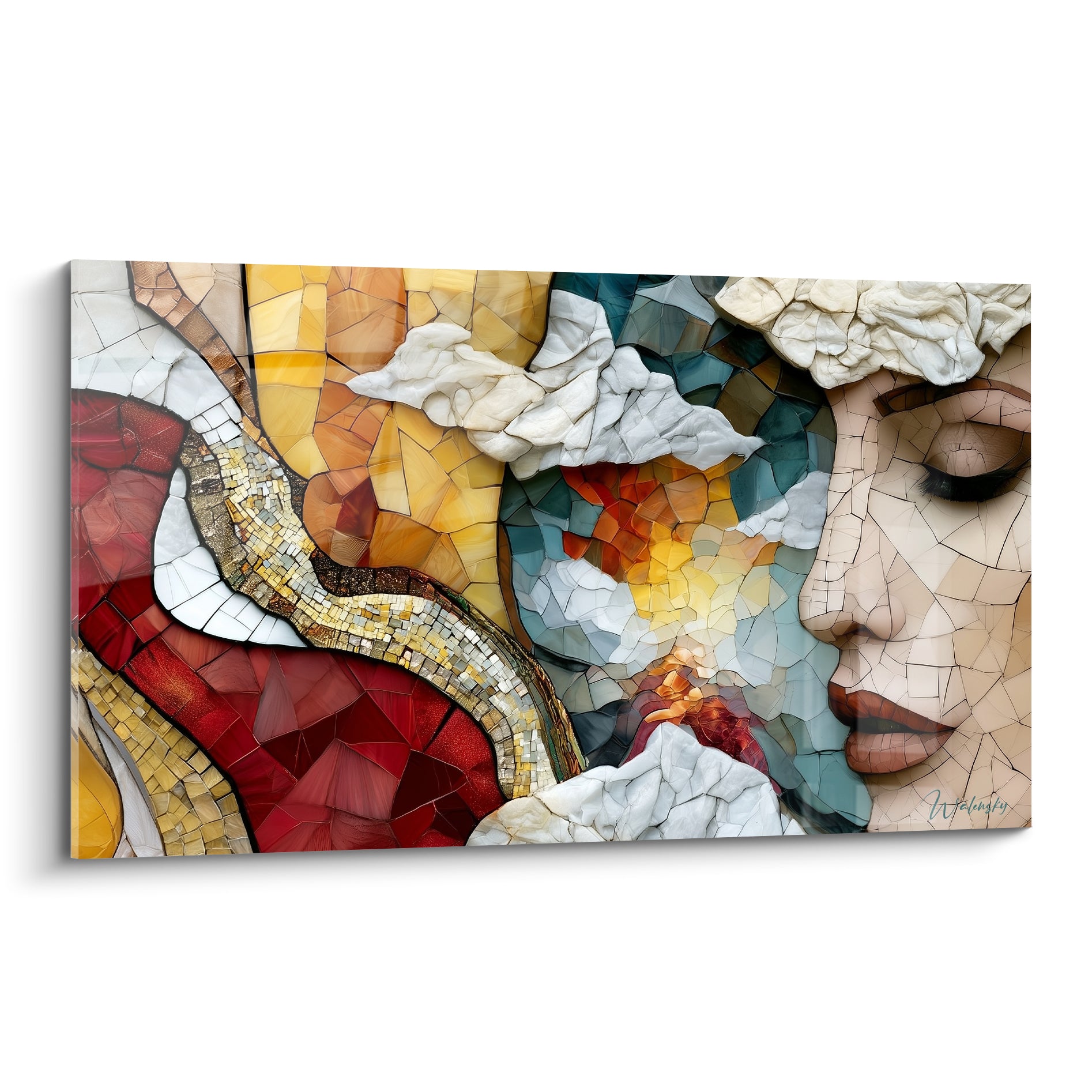 Visage abstrait en mosaïque rouge terracotta et bleu pétrole, profil aux yeux clos et éclats dorés