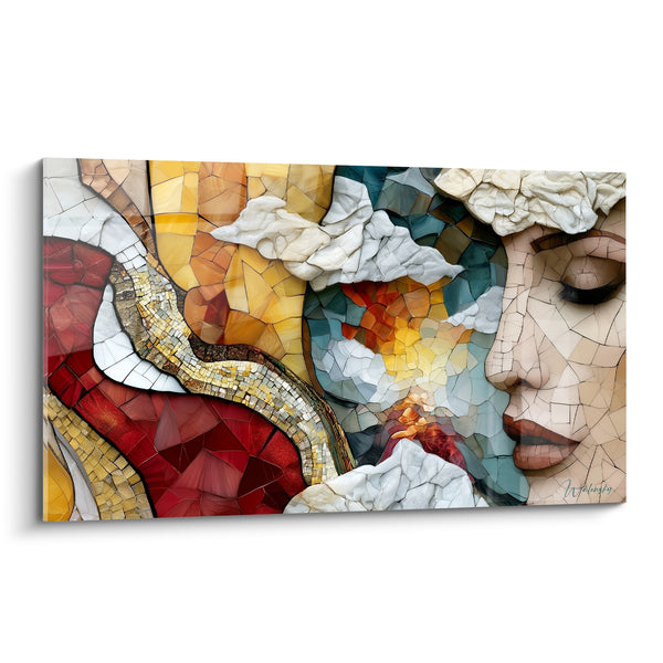 Tableau Visage mosaïque rouge et doré aux paupières closes - Reliefs de plâtre blanc - Edition Visage abstrait