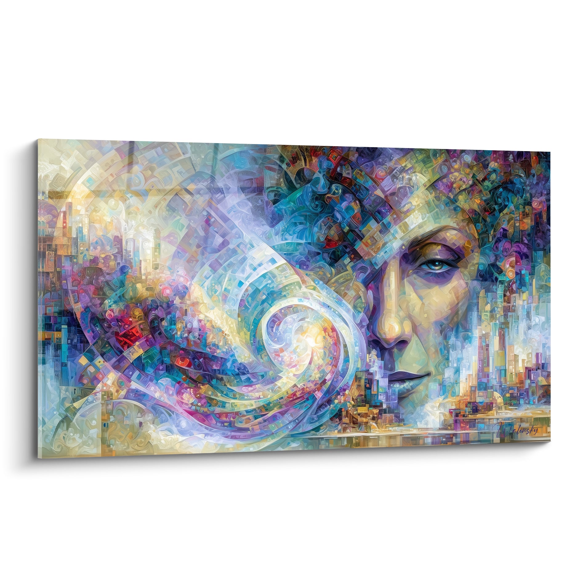 Visage abstrait féminin aux tons violets et dorés, mosaïque urbaine et spirale bleu pastel lumineuse
