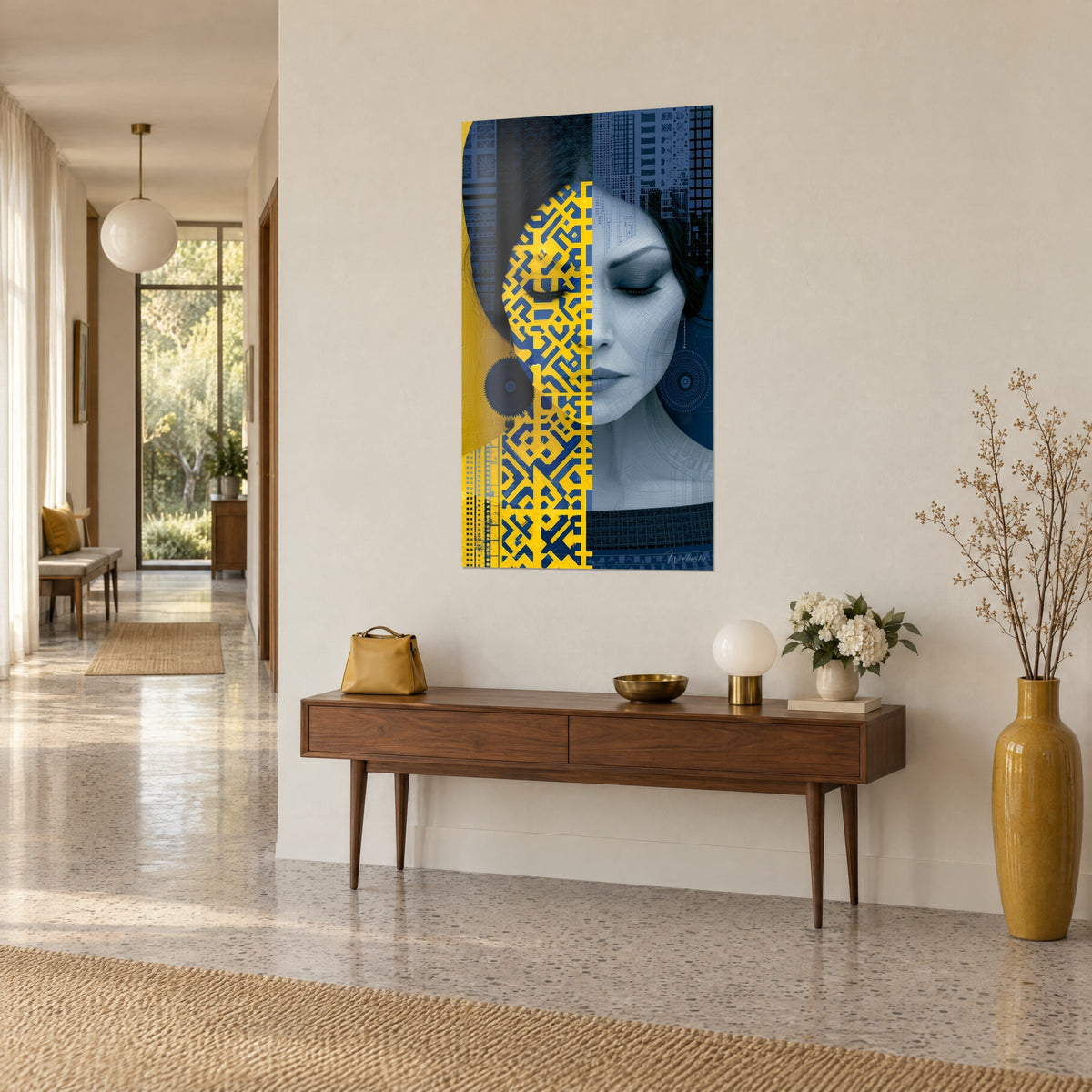 Tableau femme aux yeux clos, motif géométrique jaune et bleu sur sa joue, vue de trois-quarts au-dessus d'une console en bois