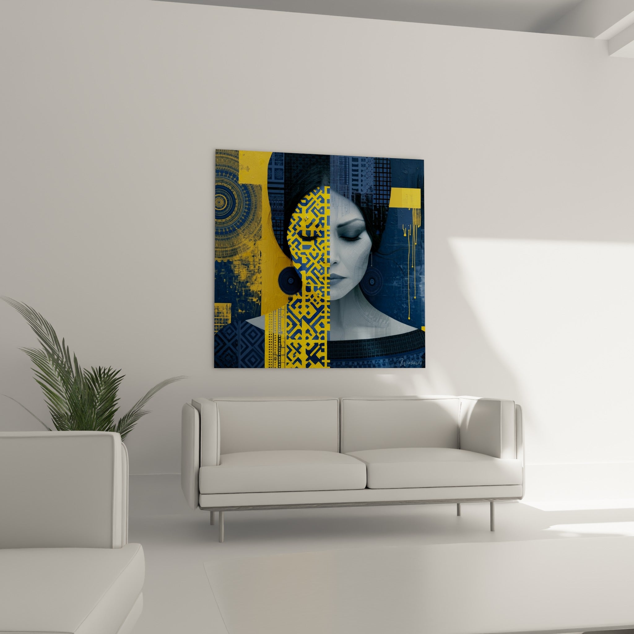 Femme au visage divisé, mosaïque jaune et bleu nuit, au-dessus d'un canapé dans un salon lumineux