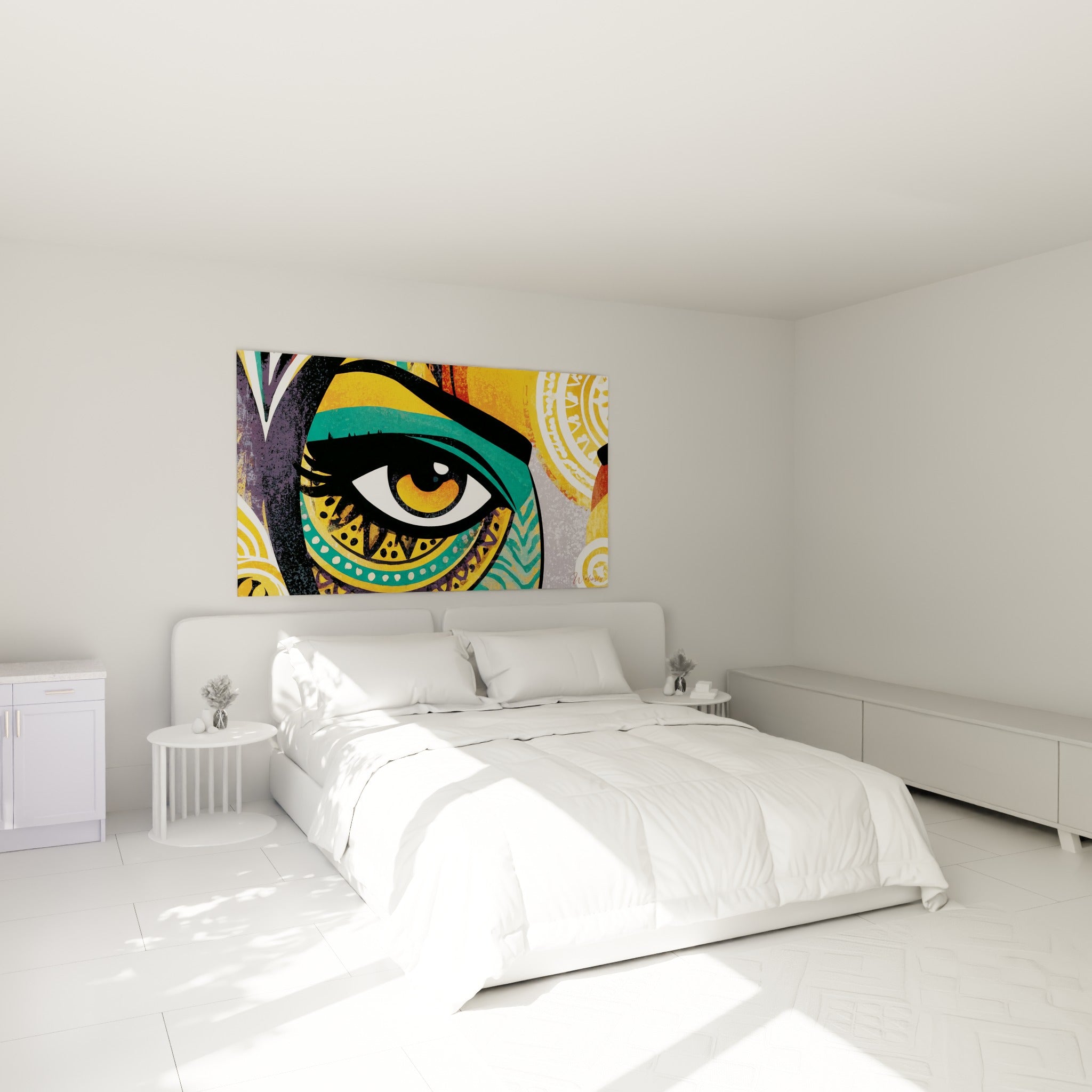 Visage abstrait à l'œil turquoise et orange vif accroché au-dessus d'un lit dans une chambre claire