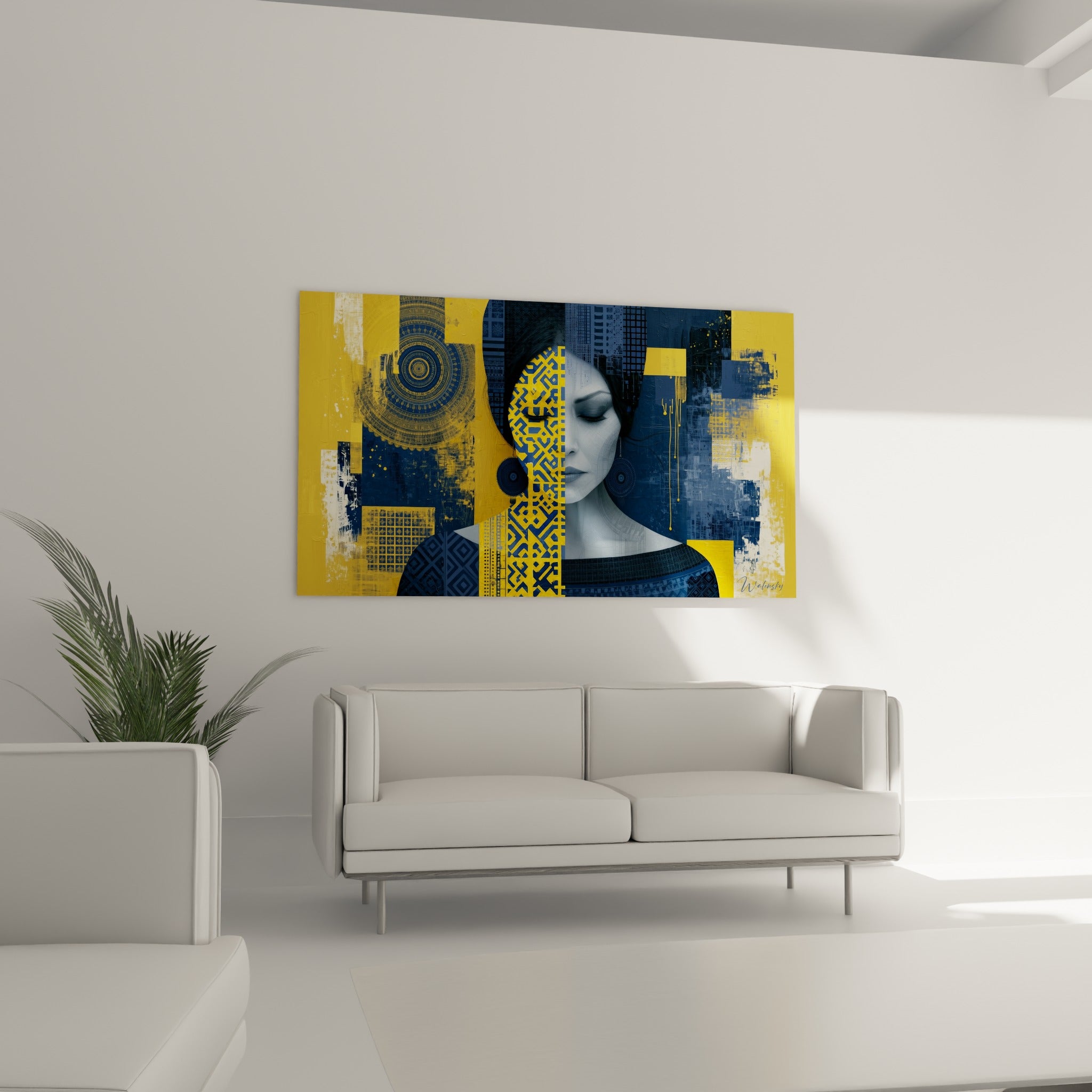 Visage abstrait bleu marine à motifs dorés, au-dessus d'un canapé dans un salon lumineux