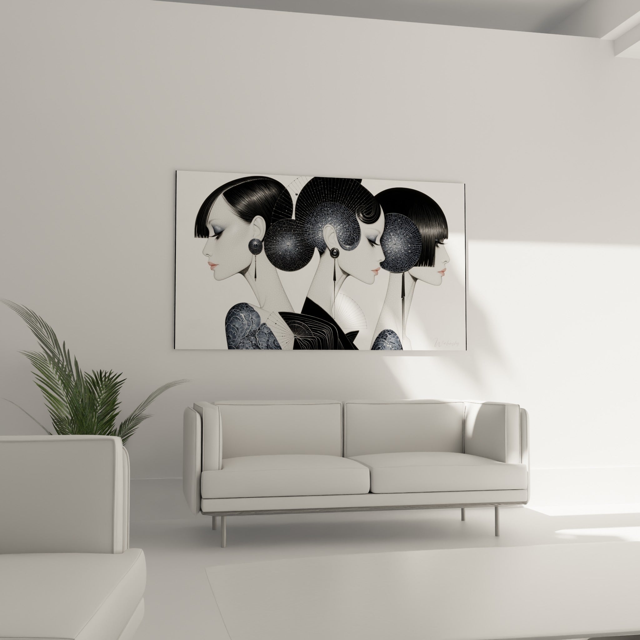Visage abstrait aux profils noirs et gris ornementaux, au-dessus d'un canapé dans un salon lumineux