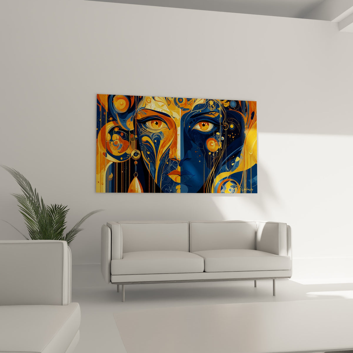 Motifs dorés et bleu marine ornant un visage abstrait, tableau au-dessus d'un canapé dans un salon lumineux