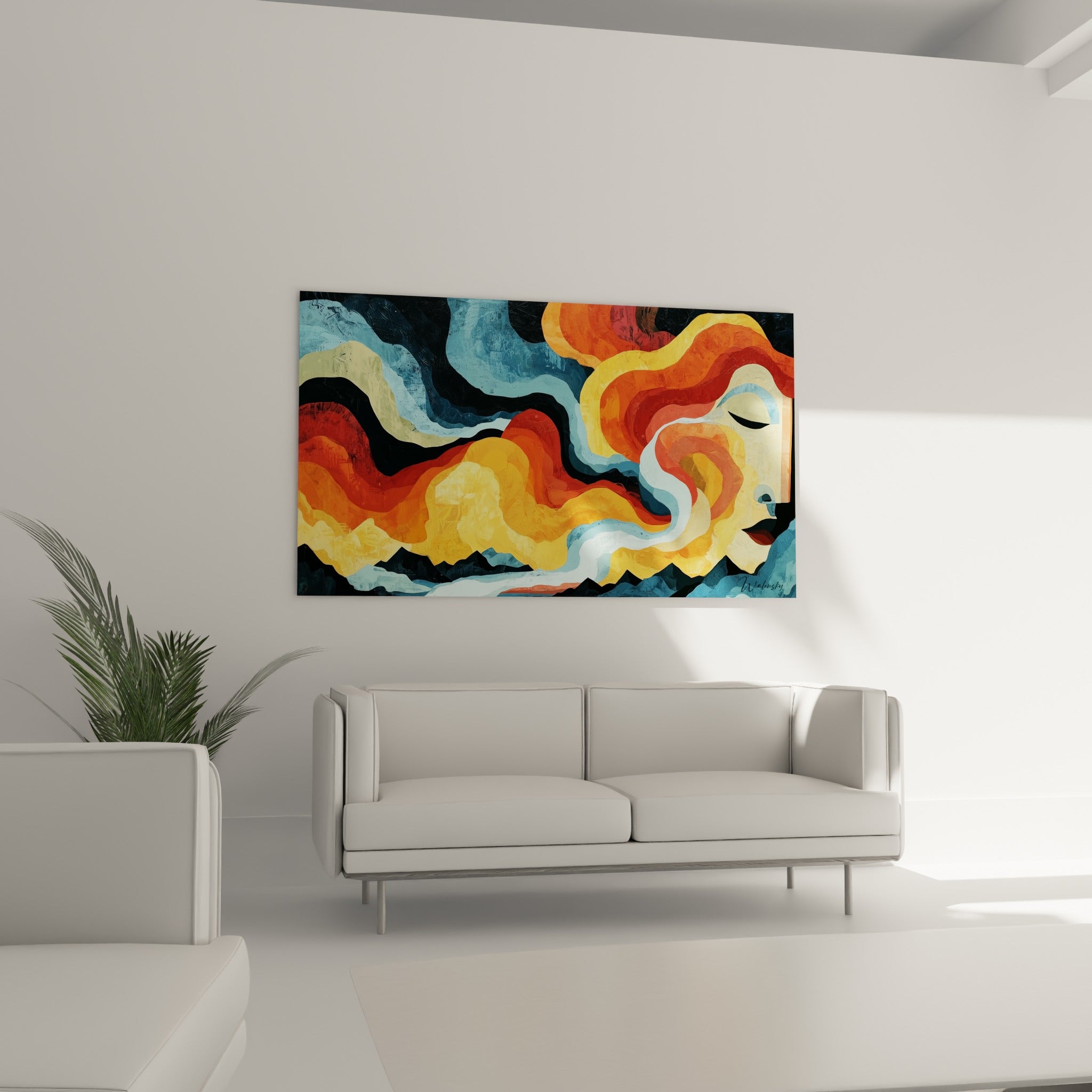 Volutes ocre et dorées entourant un visage abstrait, disposées au-dessus d'un canapé dans un salon lumineux