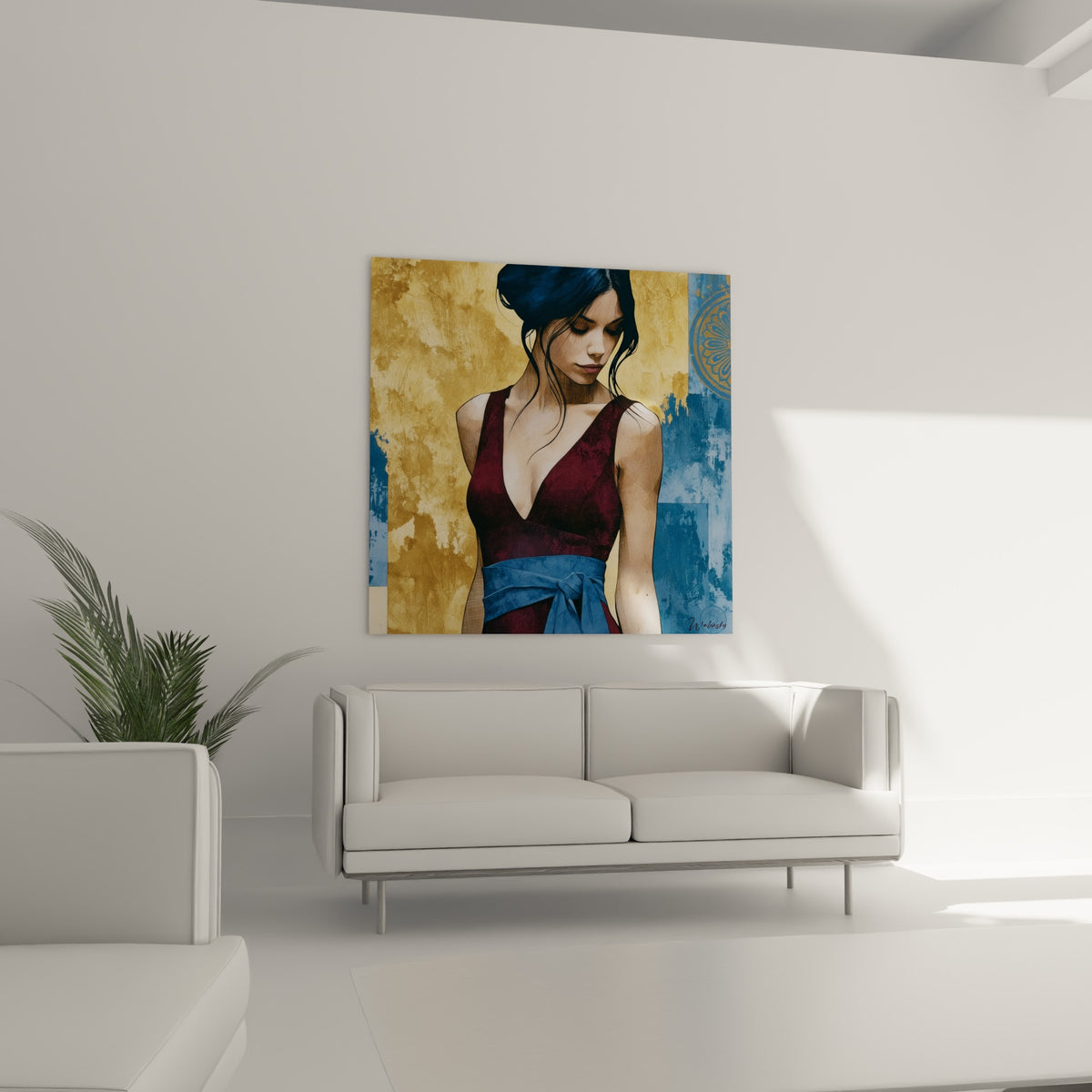 Silhouette féminine en robe bordeaux nouée de bleu marine, fond ocre, au-dessus d'un canapé dans un salon lumineux