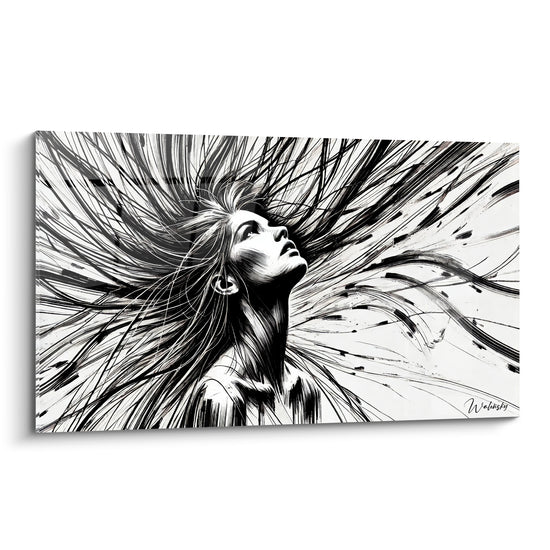Tableau Visage noir et blanc chevelure explosée en rayons - Coiffure en éventail - Edition Visage asbtrait