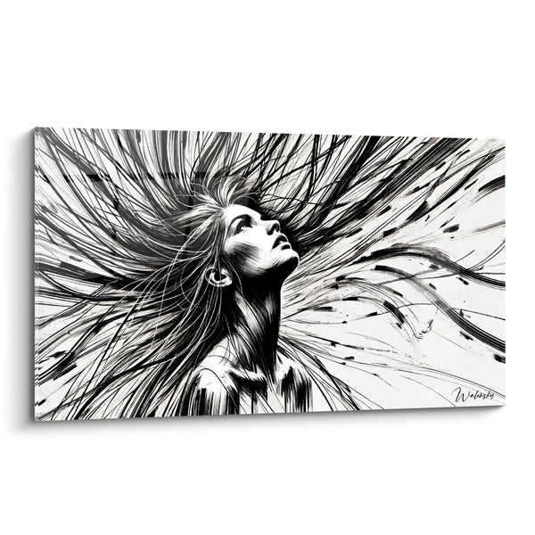 Tableau Visage noir et blanc chevelure explosée en rayons - Coiffure en éventail - Edition Visage asbtrait