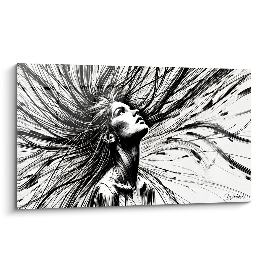Tableau Visage noir et blanc chevelure explosée en rayons - Coiffure en éventail - Edition Visage asbtrait