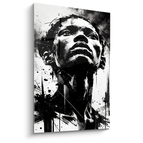 Tableau Visage noir et blanc éclaboussures d'encre verticales - Cou tendu vers le ciel - Edition Visage asbtrait