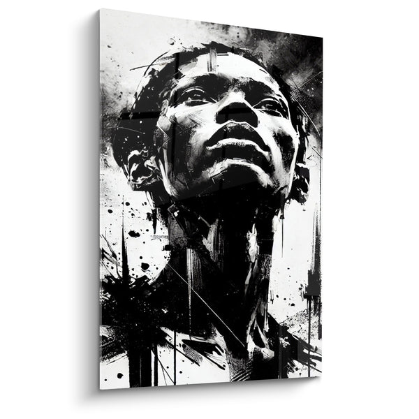 Tableau Visage noir et blanc éclaboussures d'encre verticales - Cou tendu vers le ciel - Edition Visage asbtrait