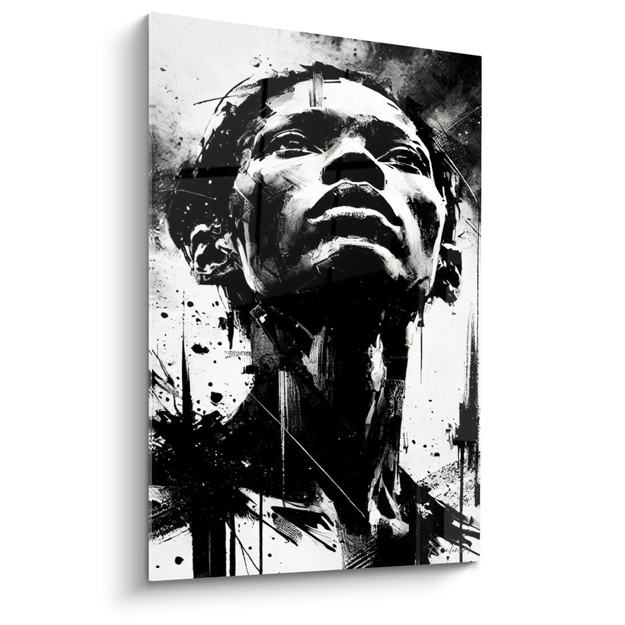 Tableau Visage noir et blanc éclaboussures d'encre verticales - Cou tendu vers le ciel - Edition Visage asbtrait