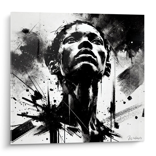 Visage renversé en noir et blanc, éclats d'encre fracturés autour du portrait abstrait